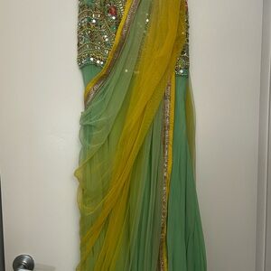 Embellished Green & Yellow Saree with Beaded Bodice